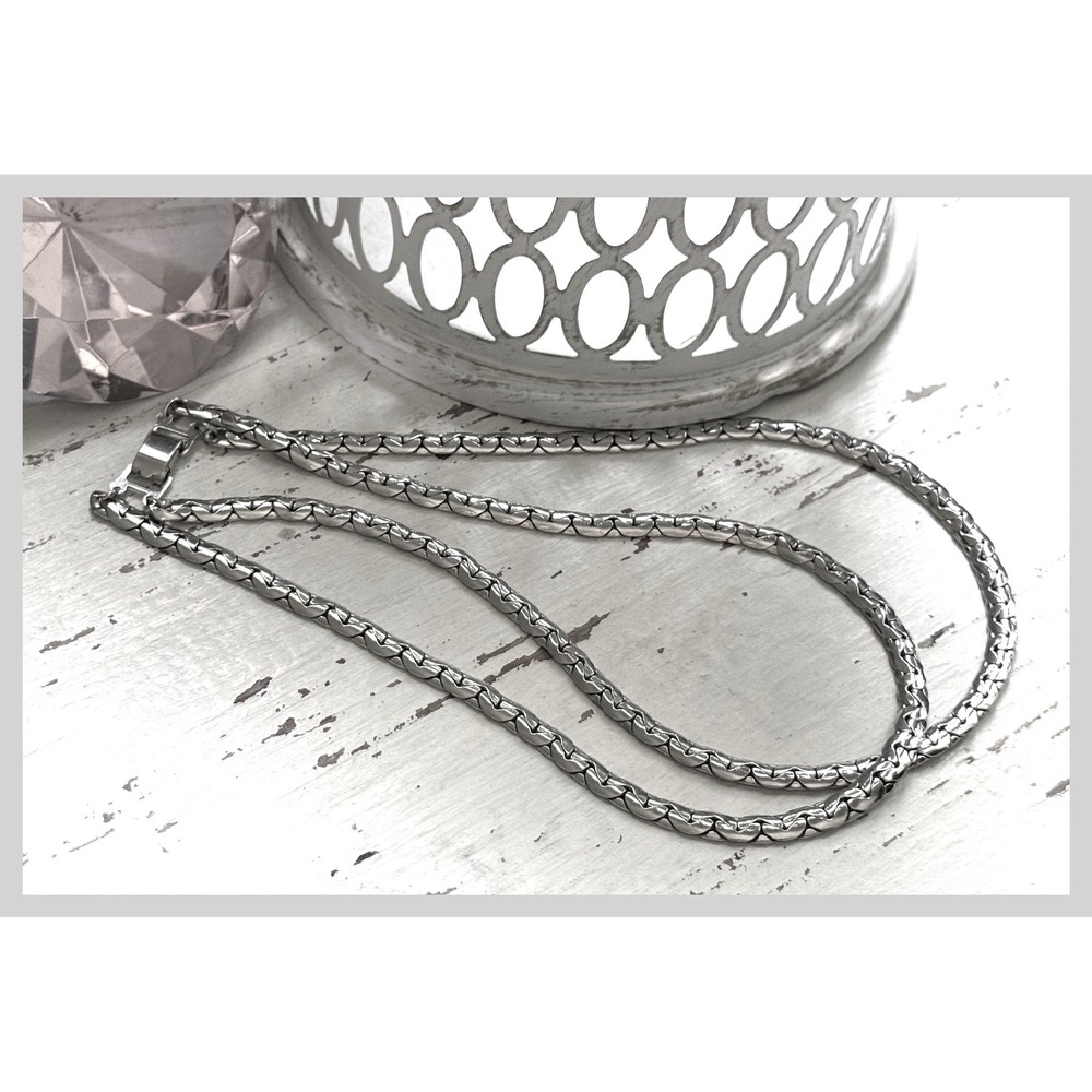 Double Byzantine Style Chain Necklace Silver Tone Woven Link Statement Necklace